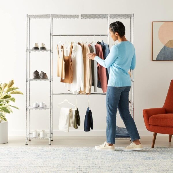 Adjustable Metal Hanging Storage Rack – Expandable Closet Organizer with Shelves for Bedroom, Laundry Room, or Garage - Image 4